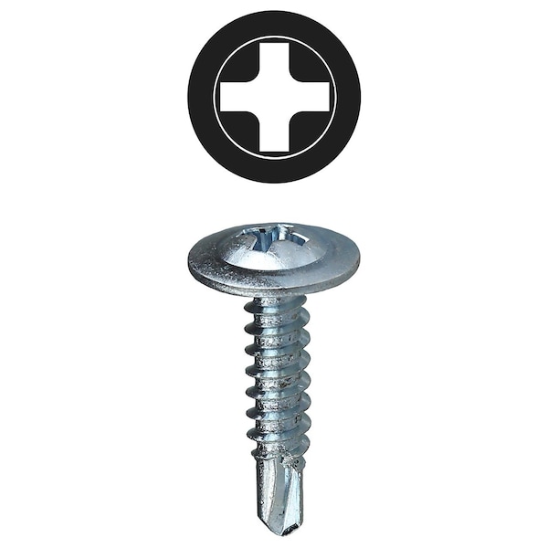 Self-Drilling Screw, #8-18 x 1 in, Zinc Plated Steel Wafer Head Phillips Drive, 500 PK
